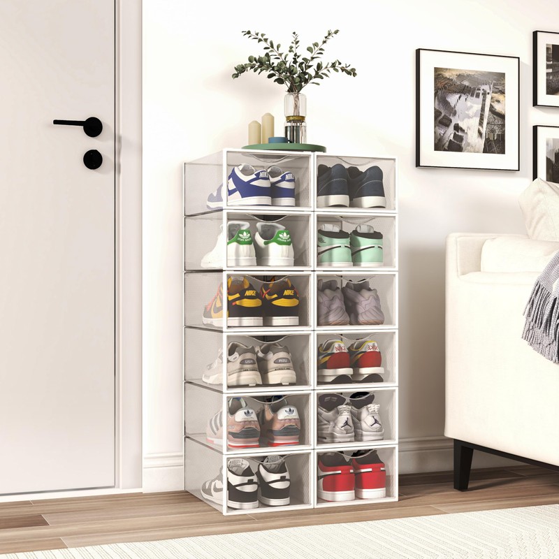 12 Pack Shoe Storage Bins, Clear Plastic Stackable Shoe Organizer