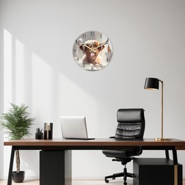 XNM Rustic Brown Glass Wall Clocks Battery Operated 12 Inch Highland Cow Clock for Bathroom Bedroom Living Room Funny Round Analog Wall Clock Silent