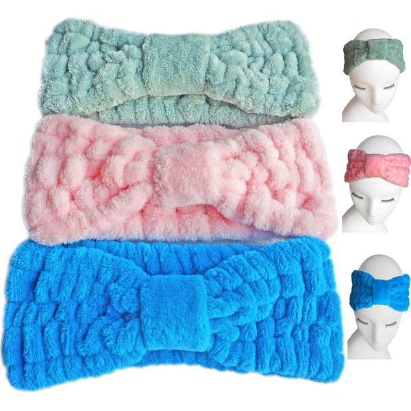 3 PACK (Blue/Green/Pink) Microfiber Bowtie Women Beauty Headbands, Extrame Soft & Ultra Absorbent, Comfort to Wash Makeup Mask Shower Facial Skincare Spa Thick Hair Band for Girls