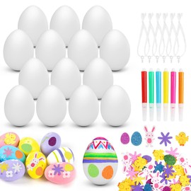 Easter Eggs Plastic White 25 Pieces, Plastic Eggs Easter 6 cm, Plastic Eggs for Painting, with 80 Easter Stickers and 6 Colour Brushes, 25 Keychains, Easter Eggs for Hanging Decoration