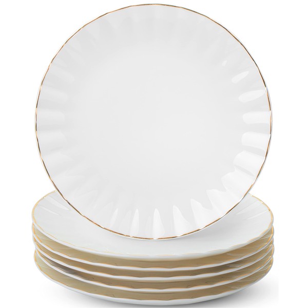 BTaT- White Dessert Plates, Set of 6, 8 inch, White Porcelain with Gold Trim, Small Plate, Small Appetizer Plates, Small White Plates, Dessert Plates Porcelain, White Plates