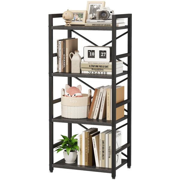 Homeiju Black Bookshelf, 4 Tier Small Bookcase, Black Metal Small