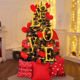 HunnmingRe 19 Pcs Valentines Day Decorations Tree Ornament Love Tree Topper Valentine Pillow Covers Romantic Wood Heart Ornaments and String Lights for Wedding Holiday Party Anniversary Decor