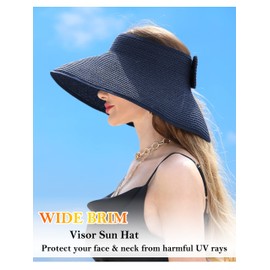 soul young Womens Beach Straw Sun Hats Ponytail Hole Wide Brim Summer Visor Foldable Hat Sun Protection Packable for Travel Pool(One Size,Navy)