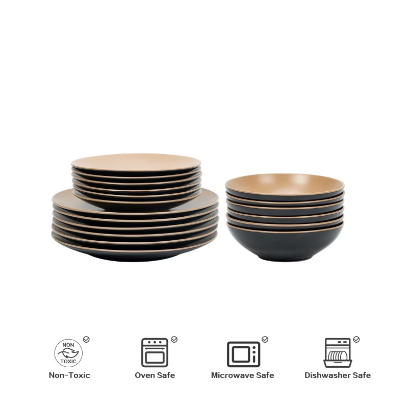 18Pc Darkbeige Elegant Cookware Plates Simple Design Stoneware Ceramic Dishes
