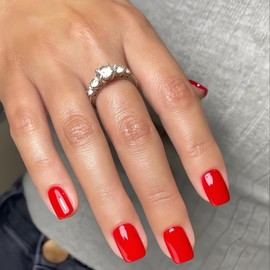 KQueenest Light Red Press on Nails Short Square, Short False Nails Coffin, Glossy Solid Small Fiery Red Fake Nails Set, Perfectly Fit, Reusable Gel Stick on Nail for Women Daily Wear 24 Pcs