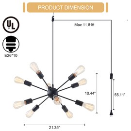 ELYCCUPA Plug in Sputnik Chandelier 10-Lights Pendant Light with 16.4 ft Cord On/Off Switch Mid Century Modern Industrial Hanging Chandelier for Dining Living Room Kitchen Island, 3-Way Install, 22"