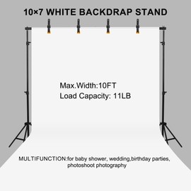 10x7ft Adjustable Photography Backdrop Stand Kit – Photo Studio Background Support with 4 Crossbars, 4 Clamps, 2 Sandbags, (with 10 * 7 Feet White Backdrop Curtain)