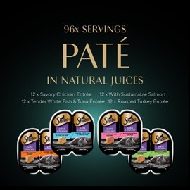 Sheba Perfect Portions Paté Wet Cat Food Variety Pack, Savory Chicken Entrée, Roasted Turkey Entrée, With Sustainable Salmon, and Tender White Fish & Tuna Entrée, 2.6 oz. Trays (48 Count, 96 Servings)