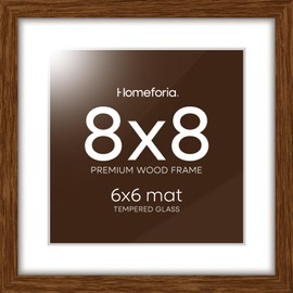 Homeforia 8x8 Picture Frame Brown, High-End Wooden Dark Brown 8 x 8 Frame for Wall or Tabletop, Square Brown Photo Frame 8x8 with Mat 6x6, Walnut Wood Picture Frame, Tempered Glass, Wall Hook Included, Set of 1