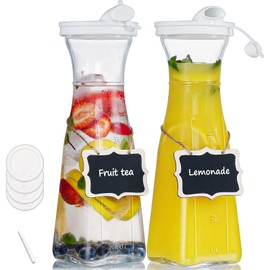 Ritayedet 2 Pack 35 Oz Square Glass Carafe with 4 Lids and 2 Silicone Pour Spouts! Glass Water Pitchers for Fridge - Beverage Dispensers for Tea, Beverage, Milk, Cold Brew and Mimosa Bar