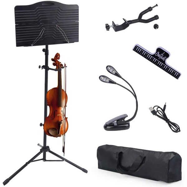 Klvied Portable Folding Sheet Music Stand with Violin Hanger, Black