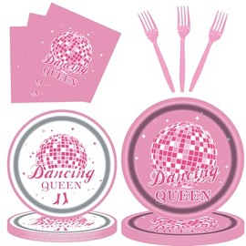 LASLU 96PCS Pink Disco Dancing Queen Party Plates and Napkins 1970s Disco Party Decorations Disco Birthday Party Plates 70s Bachelorette Party Tableware Set Serves 24 Guests