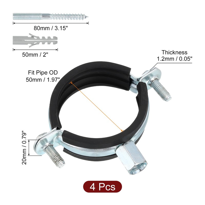 sourcing map 4 Pcs Adjustable Pipe Bracket Clamp, 2"(50mm) Wall
