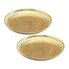 Set of 2 Decorative Brass Prasad Plate for Pooja Utensils Plate Item Articles for Indian Traditional Housewarming Pooja Items Festival Decorations Pooja Kit Home Decor(Size:-4")(Golden)
