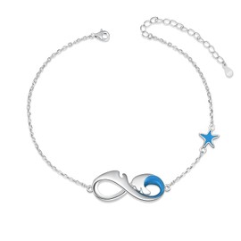 ZGBY 925 Sterling Silver Infinity Anklet Bracelet Wave Adjustable Starfish Anklets for Women Girls Lover Friends (Infinity Sea Wave Blue Starfish Anklet, 8.5)