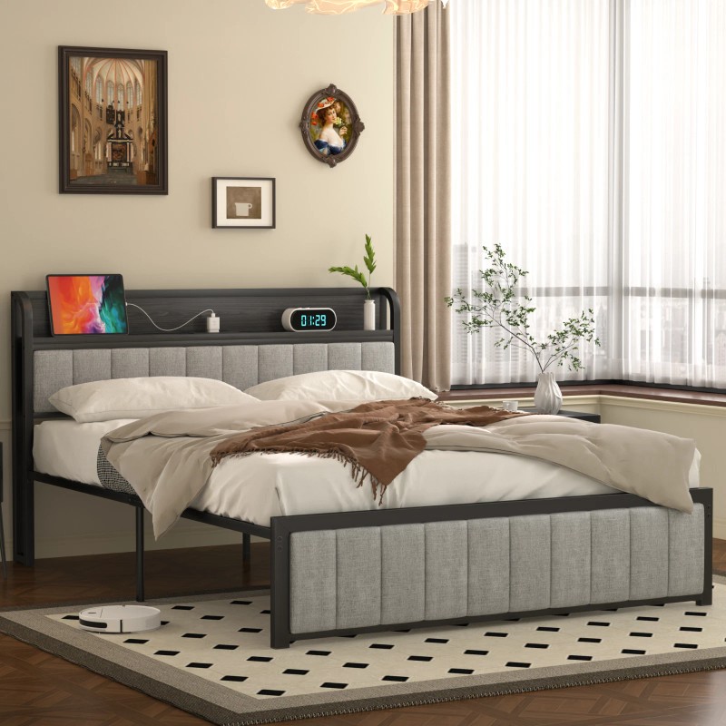 Vecelo Bed Frame with Storage Headboard Power Outlet Full Queen