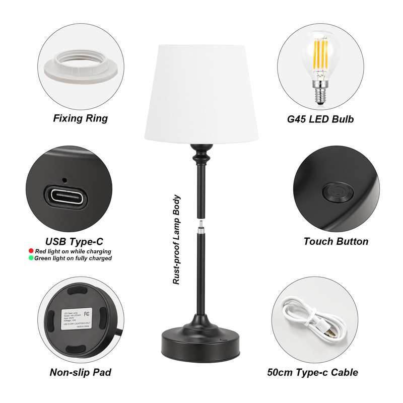 Kakanuo Cordless Table Lamp Rechargeable Black - 1 Pack 4000mAH