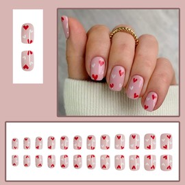 24Pcs Pink Press on Nails Short Square Fake Nails Valentine's Day Glue on Nails Full Cover False Nails with Red White Heart Design Acrylic Stick on Nails for Women Girls DIY Valentines Nail Decoration