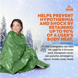 ANLOKE Emergency Blankets Mylar Thermal Blanket (4 Pack) of Space Blanket 82" x62''. Survival Blankets Heavy Duty Camping Gear, First Aid, Green
