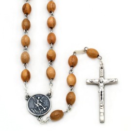 St. Michael Medal Rosary Olive Wood Beads Metal Crucifix