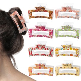 PANTIDE 8Pcs Boho Floral Hair Claw Clip for Women Girls - Retro Vintage Flower Rainbow Rectangle Nonslip Banana Hair Clip, Thin Thick Short Long Curly Accessories, Birthday Party School Classroom Gift