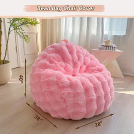 LIFEREVO Fluffy Faux Rabbit Fur Bean Bag Cover (No Filler), Soft Luxury Fuzzy Stuffed Animal Storage Bubble Large Bean Bag Chair for Plush Toys, Shaggy Furry Beanbag Cover Kids Girls Adults 3ft, Pink
