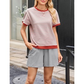 FIOPHY Women's Cozy 2 Piece Outfits Lounge Sets Striped Color Block Short Sleeve Tops Shorts Sweats Track Suits Sweatsuit Set Grey&Pink S