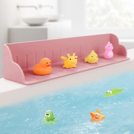 Hiitytin Silicone Bath Tub Splash Guard Shelf for Kids 2Pack Tub Shower Water Guard with 4 Strong Suction Cups for Kitchen Sink Toy Tray Caddy Holder Storage Bathroom Accessories Pink