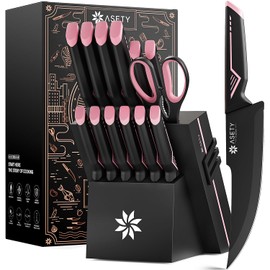 Knife Set - 15 PCS Kitchen Knife Set with Built-in Knife Sharpener Block - Stainless Steel Knife Block Set - Dishwasher Safe, Elegant Box for Her Women Wife, Valentines Day, Pink