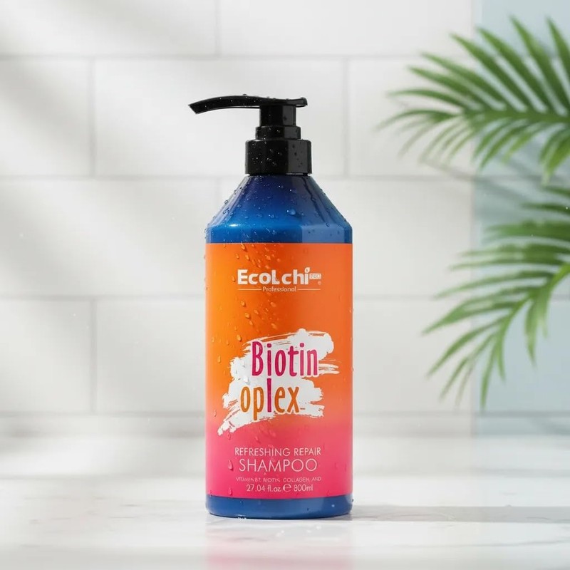 EcoLchi Biotin Oplex Shampoo Capilar Orgánico, Fórmula de Hidratación Profunda,