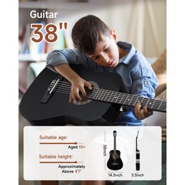 Moukey 38" Acoustic Guitar for Beginners Kids Youth Adult Dreadnought Guitarra Acustica Kit with Chord Poster, Gig Bag, Tuner, Picks, Nylon Strings, Capo, Strap - Black