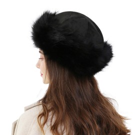 MioCloth Faux Fur Trimmed Beanie Hat Winter Warm Soft Classy Russian Hat for Women Girl Black
