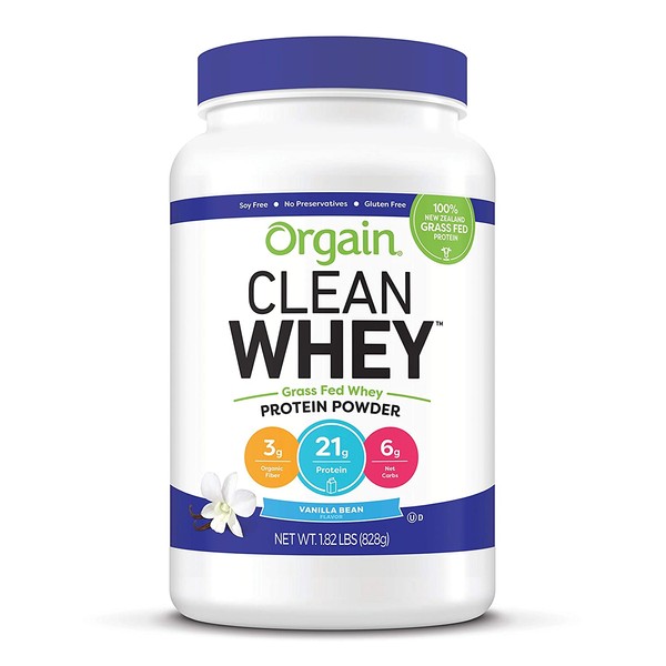Orgain Grass Fed Clean Whey Protein Powder, Vanilla Bean - Low Net Carbs, Gluten Free, Soy Free, No Sugar Added, Kosher, Non-GMO, 1.82 Pound (Packaging May Vary)