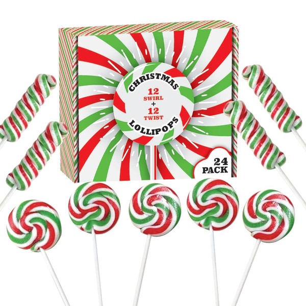 Christmas Candy Lollipops - 24 Holiday Suckers Individually Wrapped Bulk - Swirl and Twisty Pops