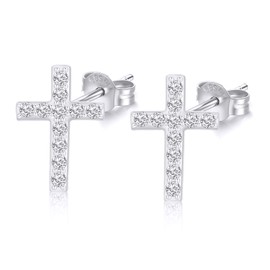 14k White Gold Created Moissanite Cross Stud Earrings for Women, Real 14 Karat Gold Religious Earrings