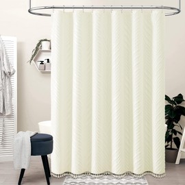BTTN 84 Inch Extra Long Shower Curtain, 72x84 Tall Bohemian Tufted Striped Tassel Shower Curtain Set with 12 Hooks, Water Repellent, Boho Farmhouse Country Shower Curtains for Bathroom, Cream/Beige