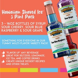 Hawaiian Shaved Ice Syrup Pint 3-pack, Sour Cherry, Sour Grape, & Sour Blue Raspberry, For Slushies, Italian Soda, Seltzers, Popsicles, No Refrigeration Needed, Allergy-friendly
