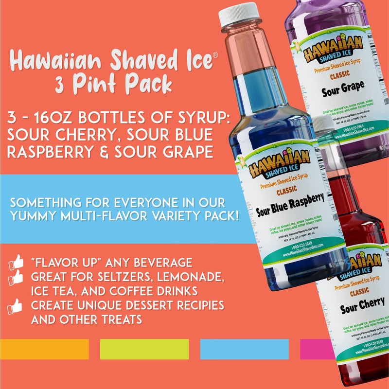 Hawaiian Shaved Ice Syrup Pint 3-pack, Sour Cherry, Sour Grape,