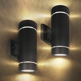 ASD 2 Light LED Indoor & Outdoor Wall Light Fixture | 18W 1180LM 3000K-5000K 100-277V Cylinder Up Down Lights | Dimmable Exterior Wall Sconce | Front Door, Porch, Patio | Ringed Black, ETL 2 Pack