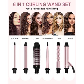 6 in 1 Curling Iron, Curling Wand Set with Thermal Brush (1.5inch) & 1inch Bubble Curling Wand and 3 Interchangeable Ceramic Barrel (0.35"-1.25"), Instant Heat Up With Comb & Protective Glove & 2 Clip