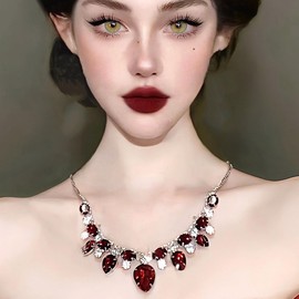 KONFEN Women's Necklaces Crystal, Red Rhinestone Fashionable Teardrop Adjustable Length, Wedding Party Shining Classic, Elegant and Vintage Crystal Jewellery for Women Girls, Red, Alloy
