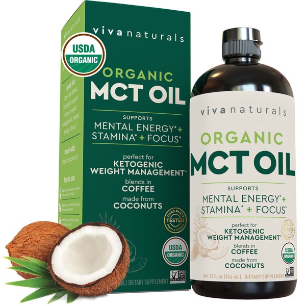 Viva Naturals Organic MCT Oil for Keto Coffee (32 fl oz) - Best MCT Oil Supplement to Support Energy and Mental Clarity, USDA Organic, Non-GMO and Paleo Certified & Keto Friendly