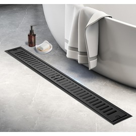 tonchean 24-Inch Linear Shower Drain,Rectangle Shower Floor Drain with Removable Grate Cover,SUS304 Stainless Steel Long Channel Drain Trench Drain with Hair Catcher Matte Black