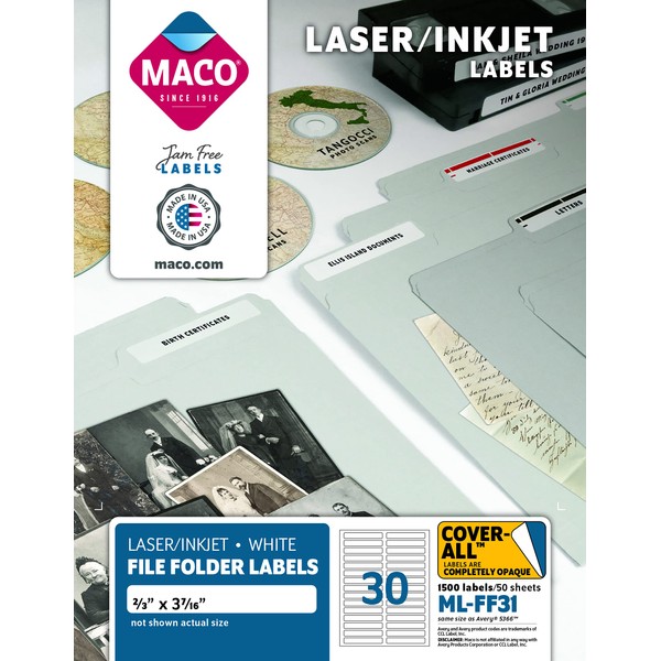 MACO Laser/Ink Jet White File Folder Labels, 2/3 x 3-7/16