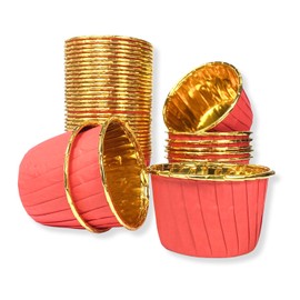 Baking Cup Liners Red – 100pcs for Cupcakes Muffins Desserts - Disposable Gold Foil Lined Wrapper Patty Pans for Parties and Birthdays (Red)