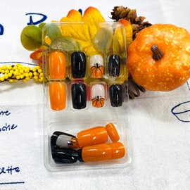 LWTZLW Fall French Tip Pumpkin Press on Nails Short Square Thanksgiving Fake Nails Bright Orange Black Design Autumn Glue on Nail Reusable Acrylic Stick on Nail for Women