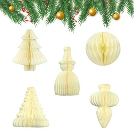 ZEYGC 5 PCS Hanging Honeycomb Paper Christmas Trees Decorations, 3D Mini Glitter Edge Christmas Tree Ornaments, Pom Poms Tissue Paper Balls Christmas Party Off White