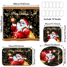 Peryiter Christmas Black Santa Claus Shower Curtain Sets with Non Slip Rugs Toilet Lid Cover Bath Mat and 12 Hooks Christmas Bathroom Decor Xmas Snowflake Shower Curtain for Bathroom