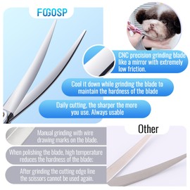 FOGOSP Professional Left Handed Curved Dog Grooming Scissors with Sharper Self Grinding lightweight and finely trimmed split structure 6.5'' Japan VG10 63HRC for small dogs cat pet(Blue)